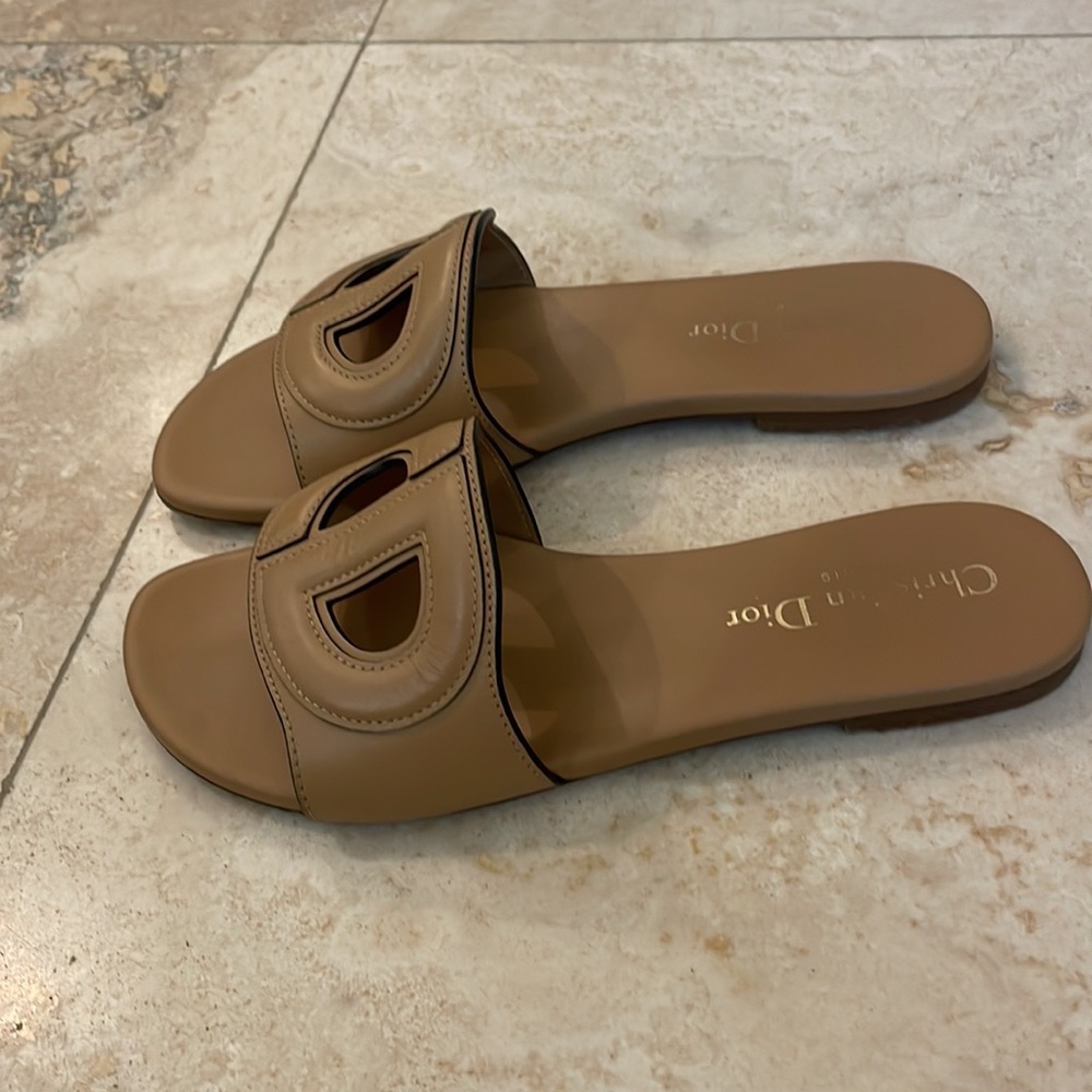 Christian Dior Slides Camel Brown Leather Gem